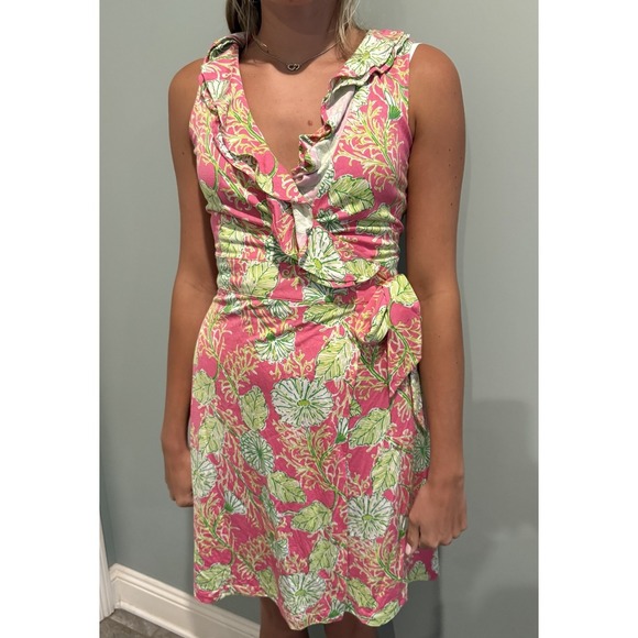 LILLY PULITZER Sleeveless Pink Green Silk Blend Jersey Ruffle Wrap‎ Dress S NWOT - Picture 2 of 6